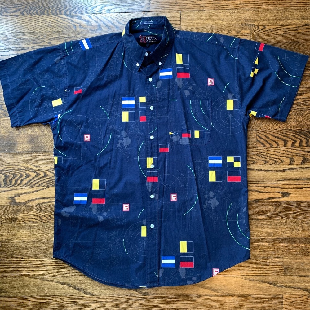 Vintage Chaps Ralph Lauren Size Large Button Shirt Nautical Flags Map‎ Islands